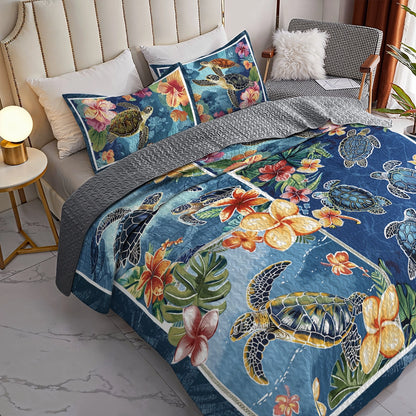 Shineful All Season Quilt 3-Piece Set Hibiscus Gentle Sea Turtle