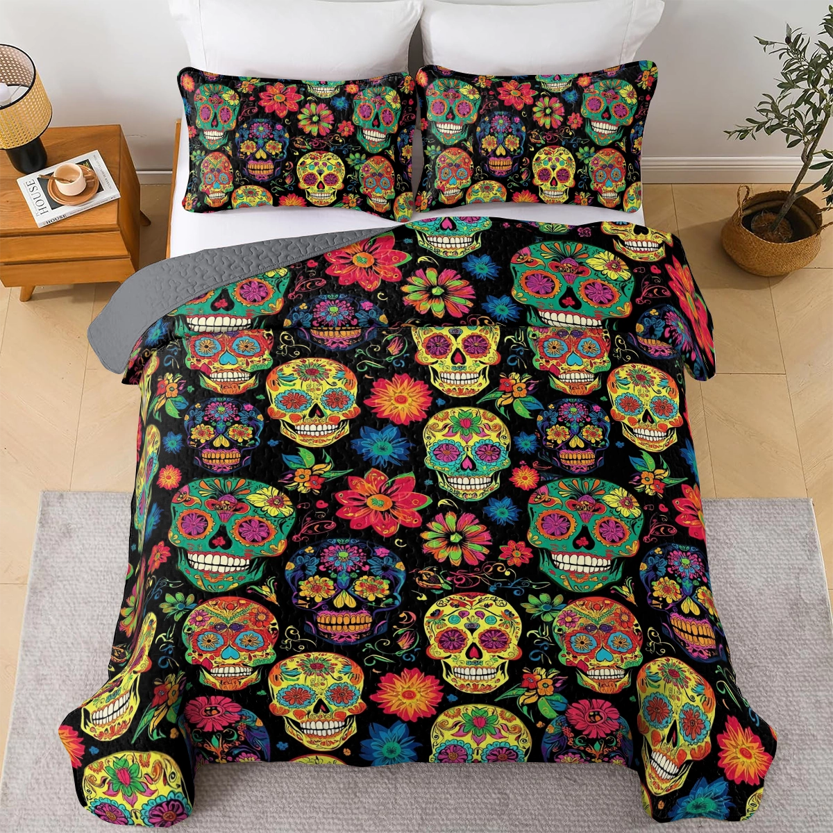 Shineful All Season Quilt 3-Piece Set Vibrant Calaveras Skull