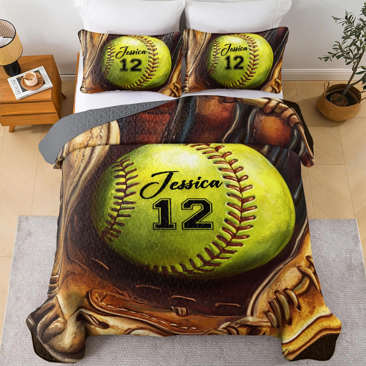 Shineful All Season Quilt 3-Piece Set Personalized Softball Dreams