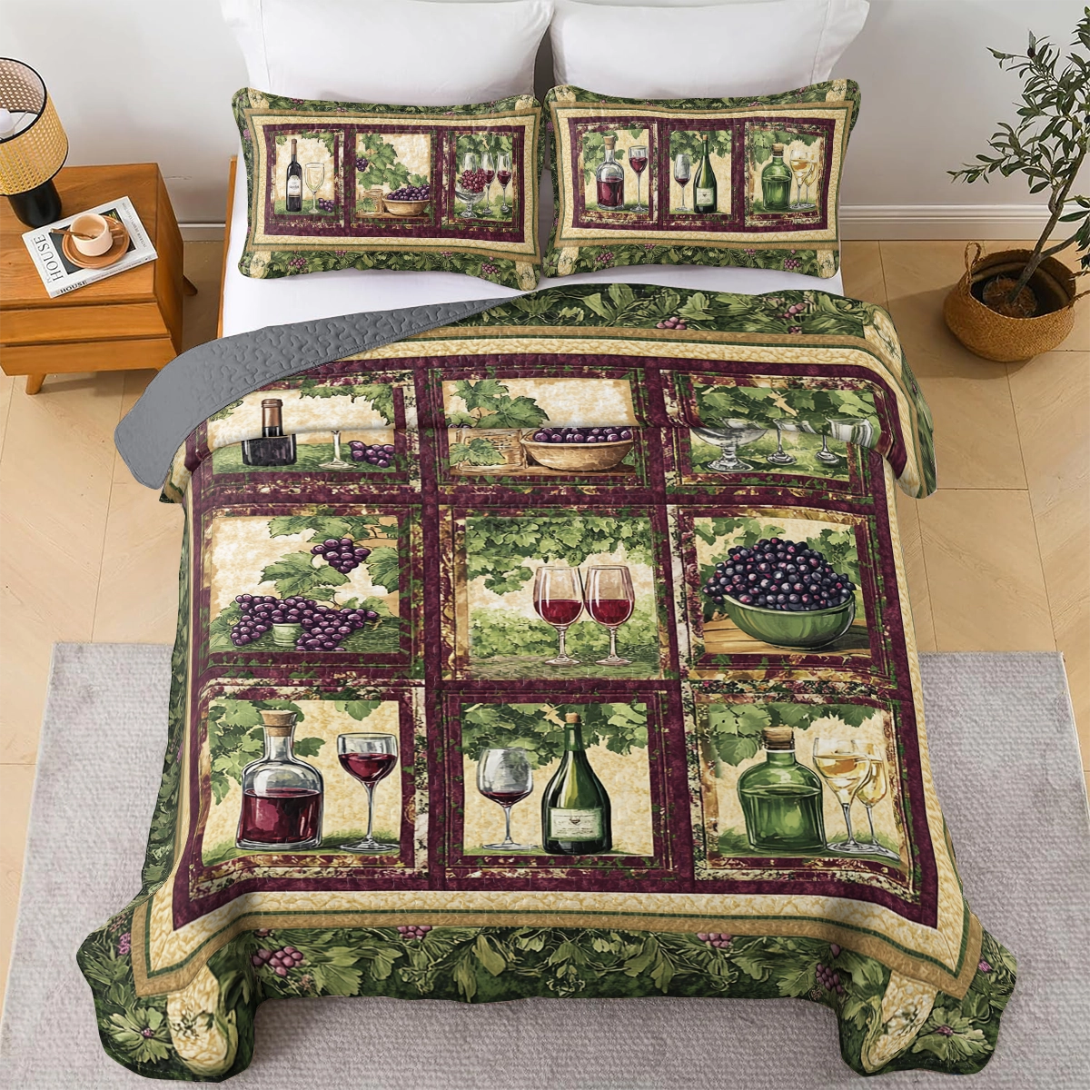 Shineful All Season Quilt 3-teiliges Set, Weinrot, Vintage Vineyard