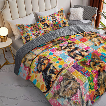 Shineful All Season Quilt 3-Piece Set Cute Yorkie Patchwork