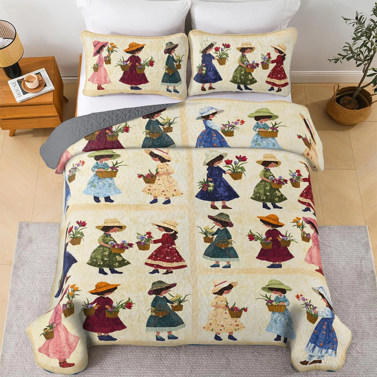 Shineful All Season Quilt 3-Piece Set Sunbonnet Sue Blooming Dreams