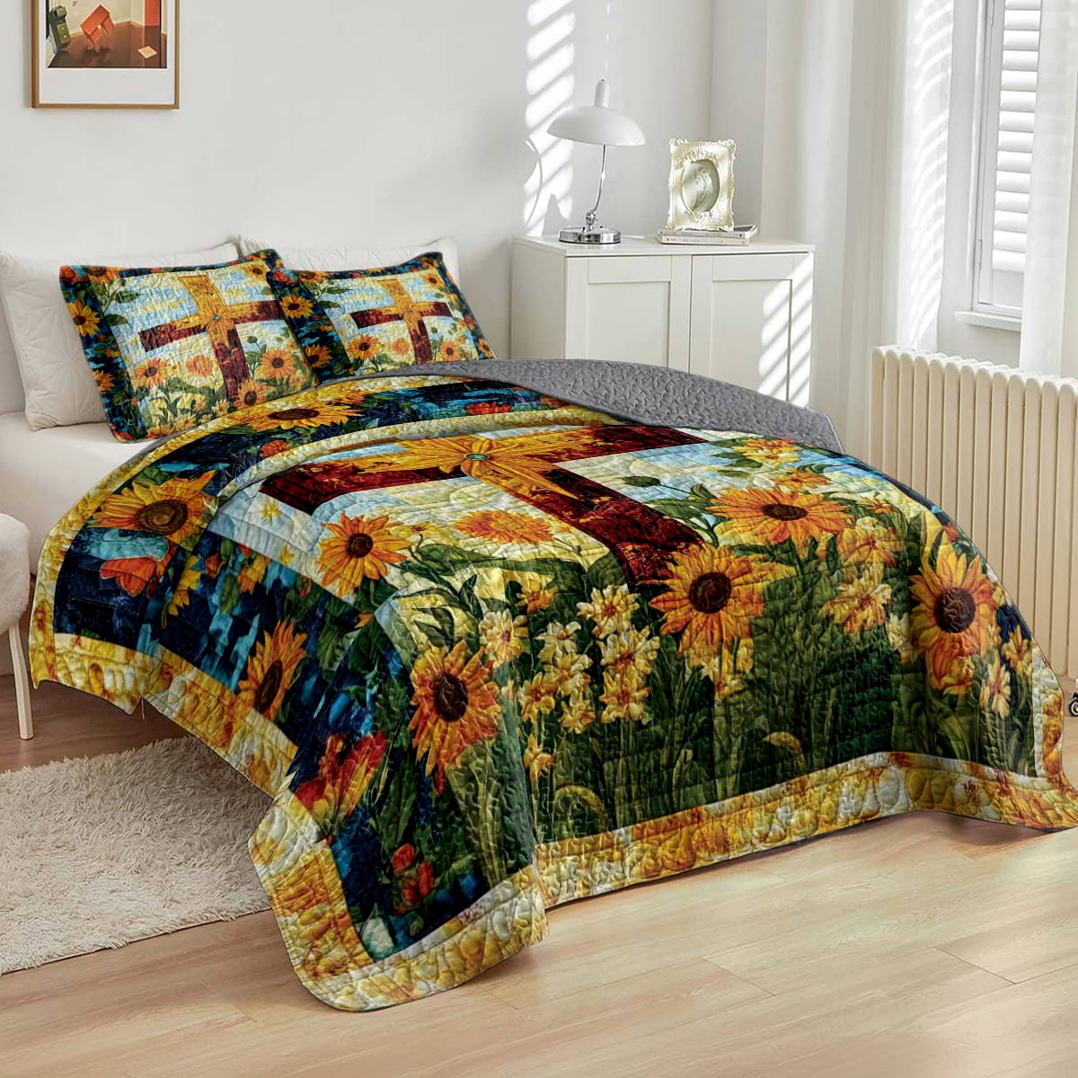 Shineful All Season Quilt 3-Piece Set Sunflower Cross