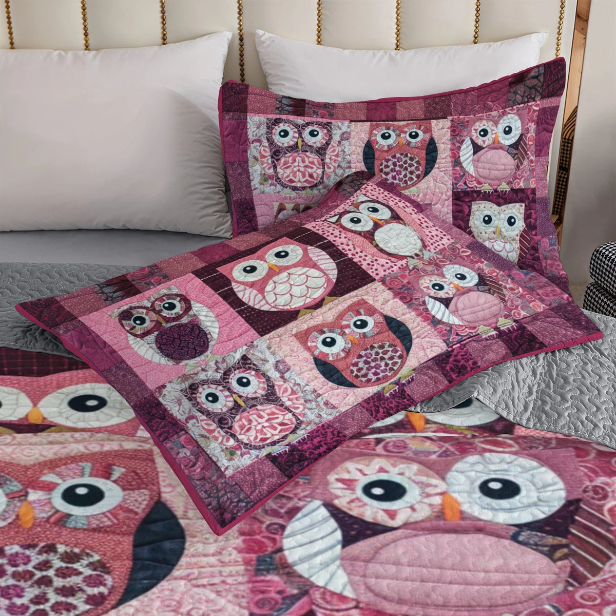 Shineful All Season Quilt 3-Piece Set Charming Pink Owl