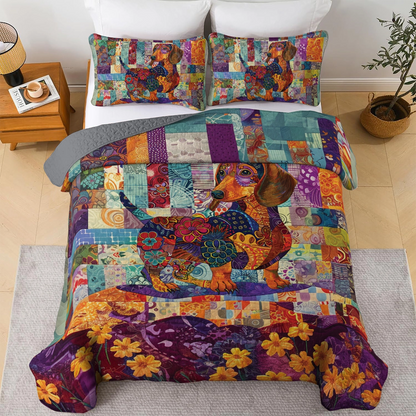 Shineful All Season Quilt 3-Piece Set Patchwork Floral Dachshund