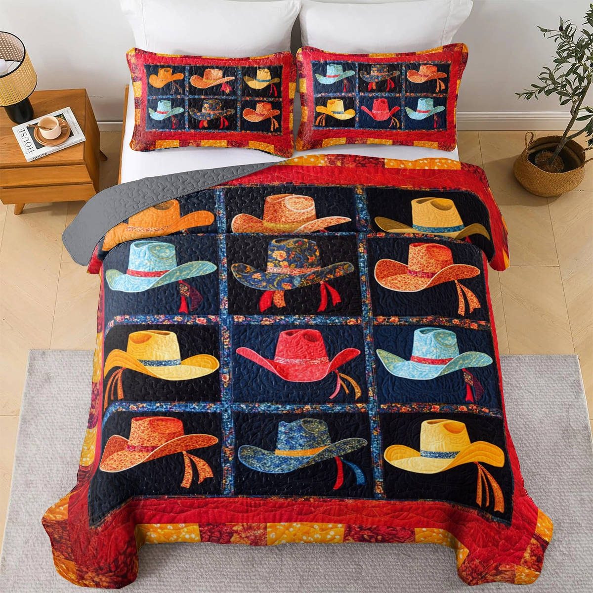 Shineful All Season Quilt 3-Piece Set Cowboy Wild West Patchwork