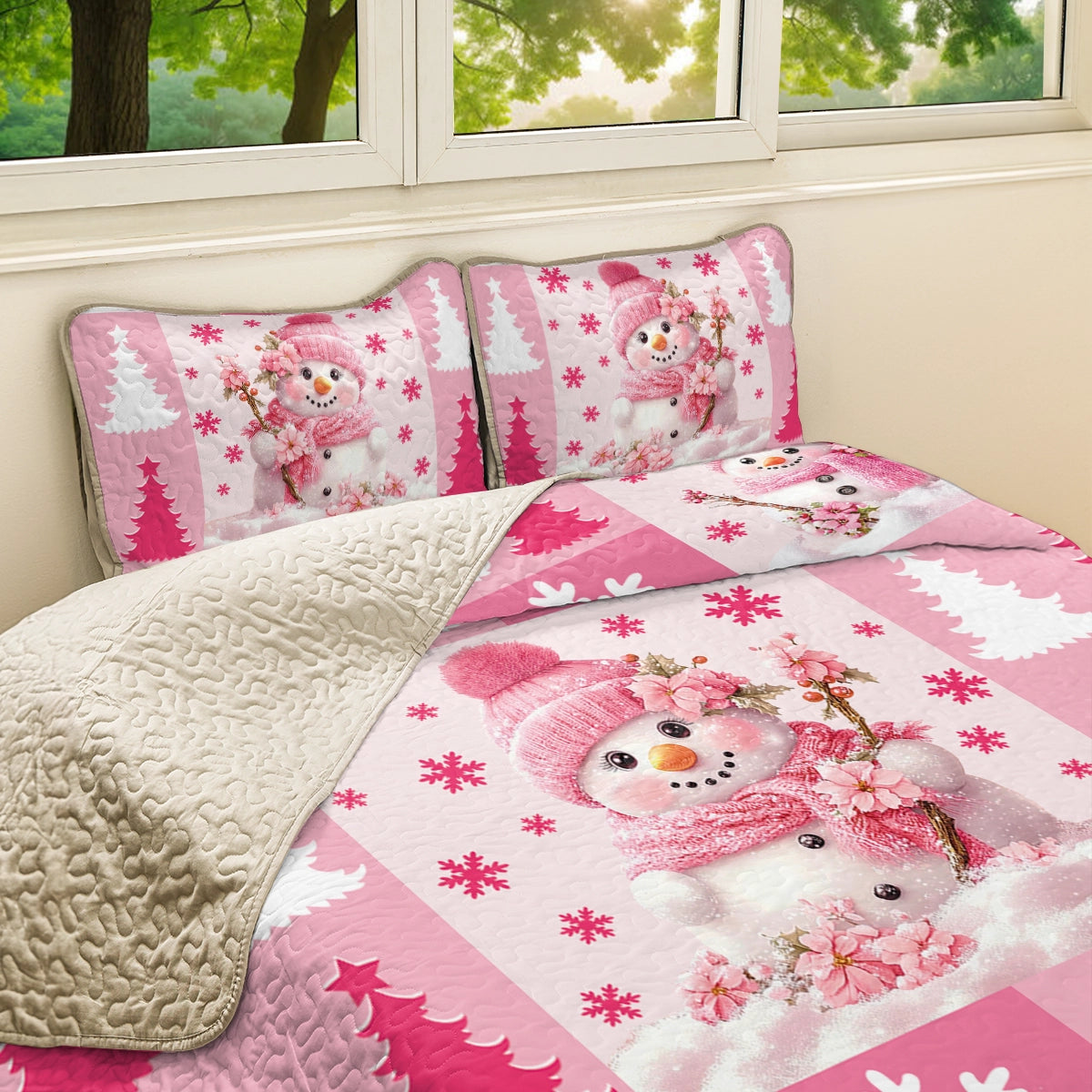 Shineful All Season Quilt 3-Piece Set - Christmas Pink Snowman