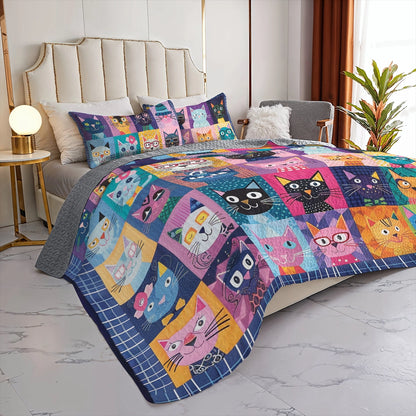 Shineful All Season Quilt 3-Piece Set Quirky Cat Cuddle