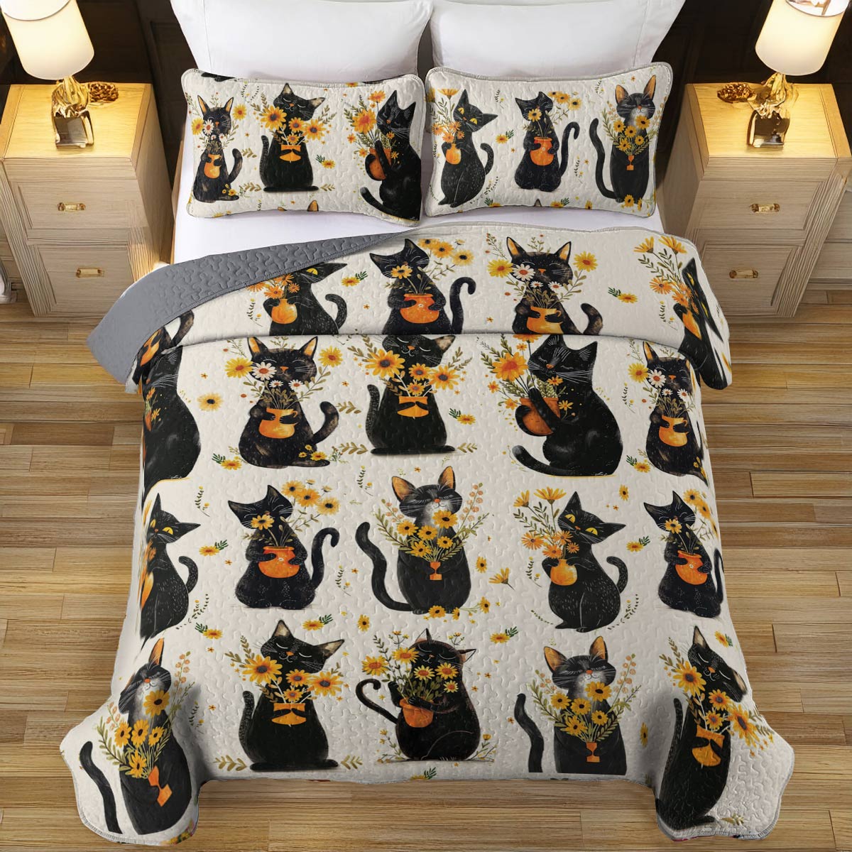 Shineful All Season Quilt 3-Piece Set Cat And Yellow Flower