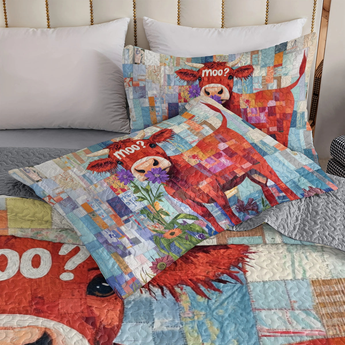 Shineful All Season Quilt 3-Piece Set Moo? Patchwork Cow