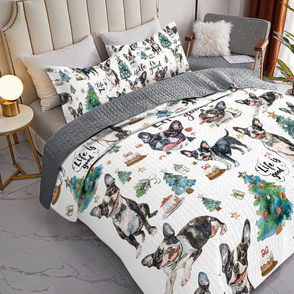 Shineful All Season Quilt 3-Piece Set Boston Terriers Holiday Hound