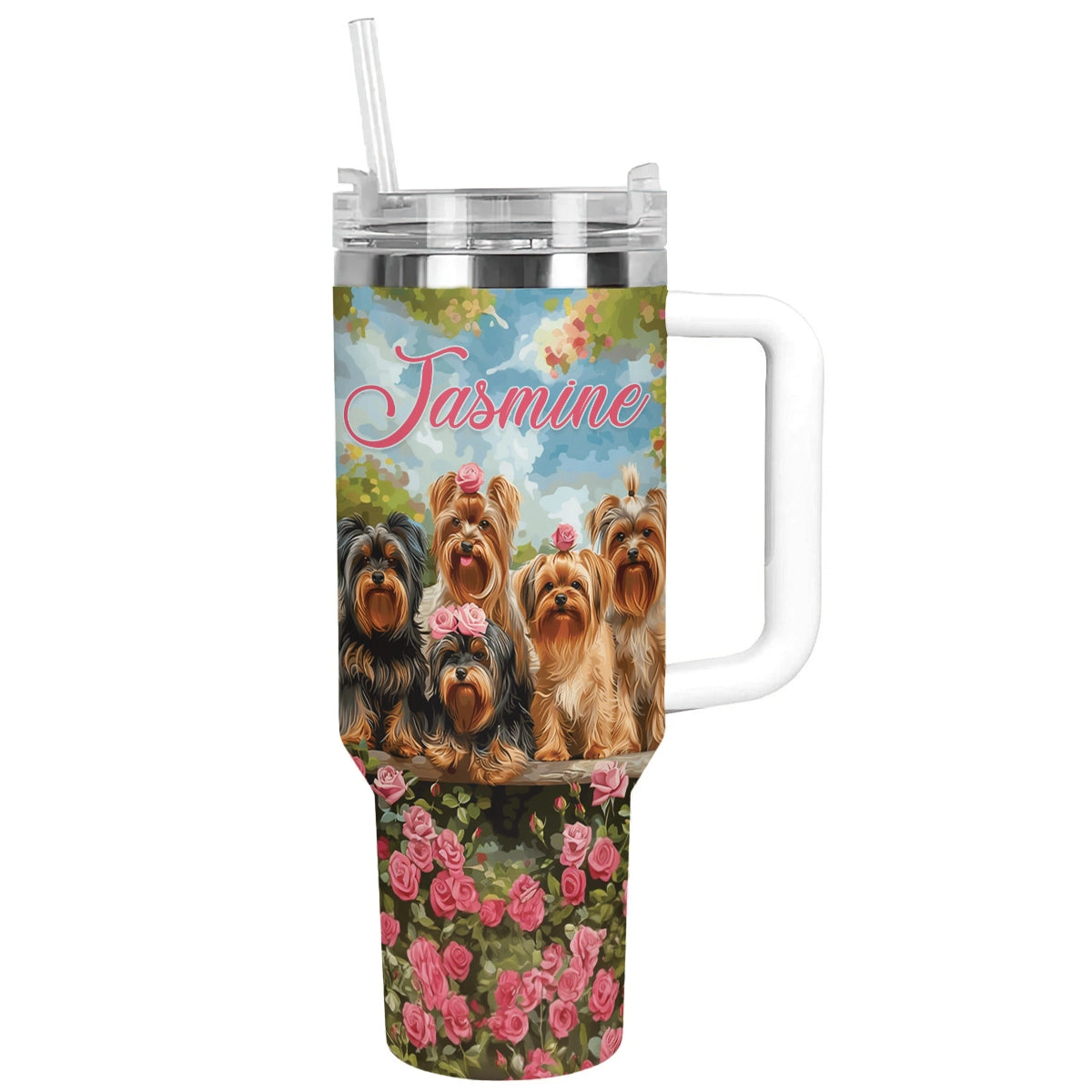 Glänzender Becher, personalisierbar, Yorkie Garden