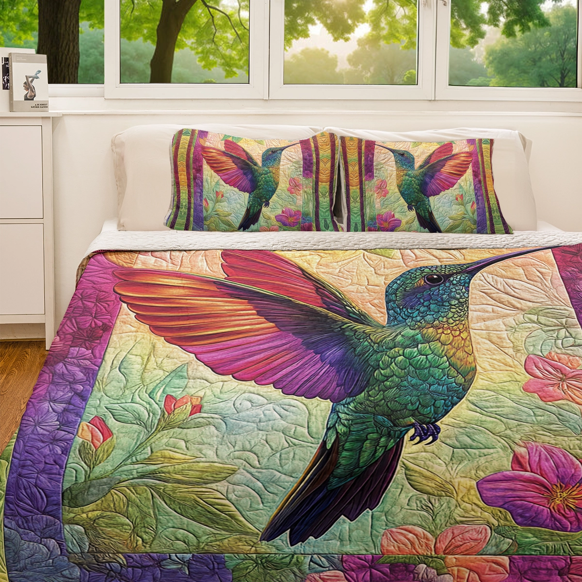 Shineful All Season Flat Print Quilt 3-Piece Set - Vibrant Mystic Hummingbird