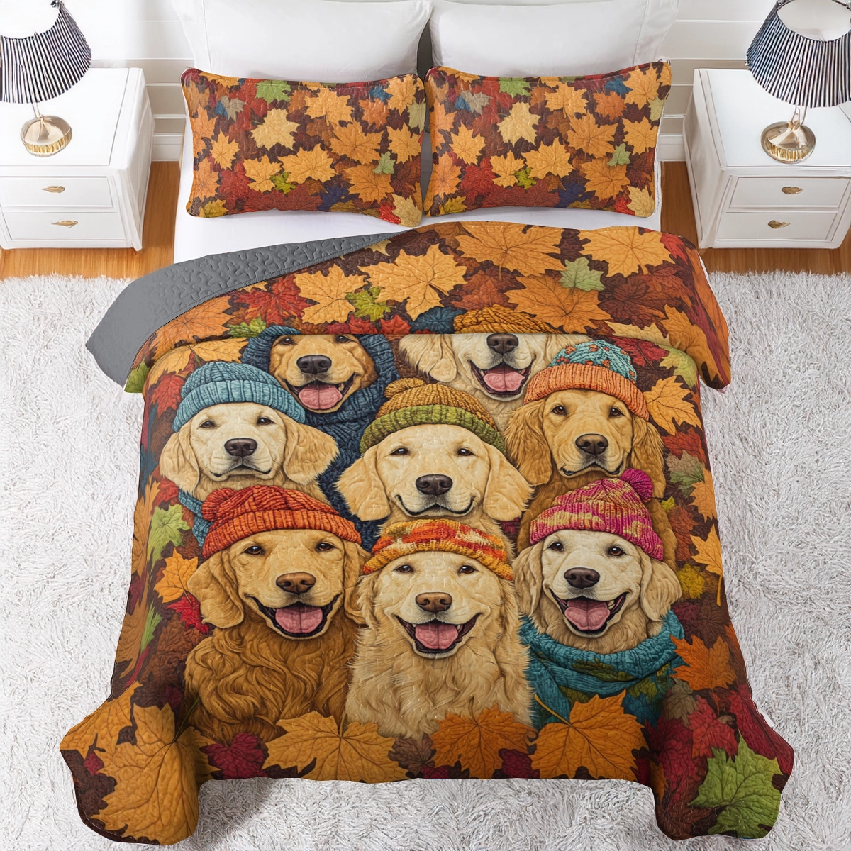 Shineful All Season Quilt 3-teiliges Set Golden Pups Autumn