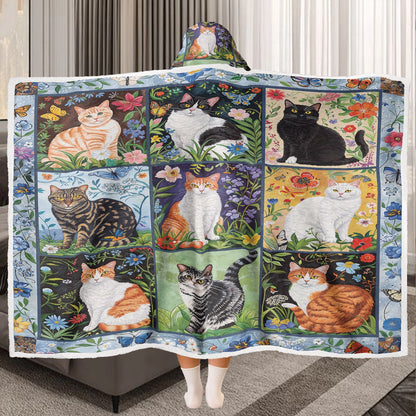 Couverture à capuche portable brillante - Chats et félins floraux