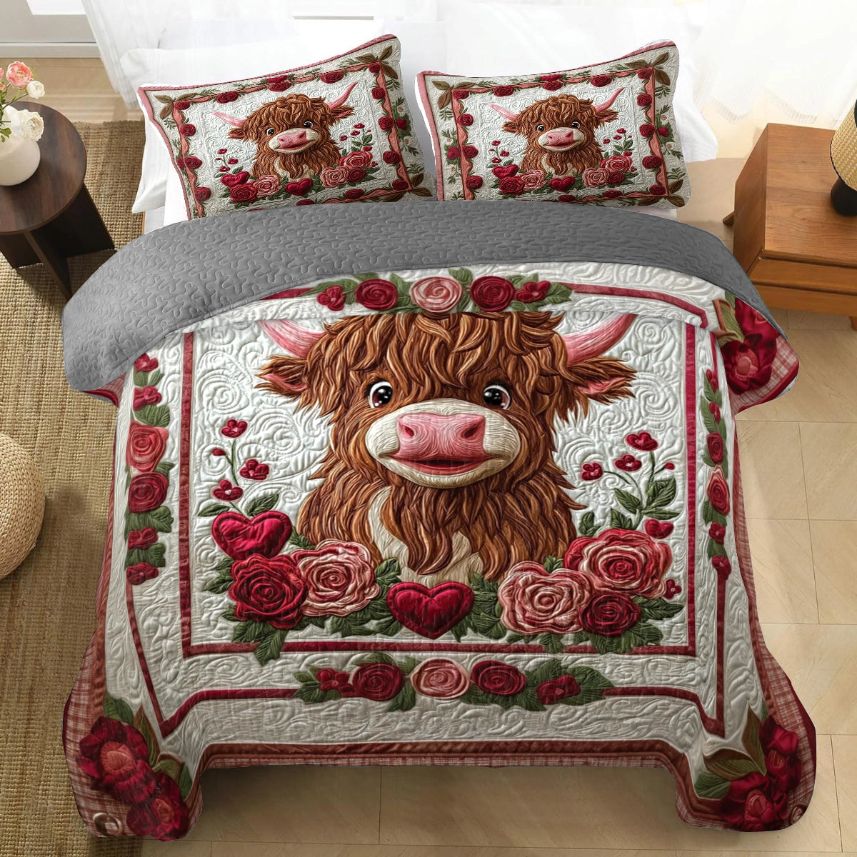 Shineful All Season Quilt 3-Piece Set Rustic Hearts Highland Cow