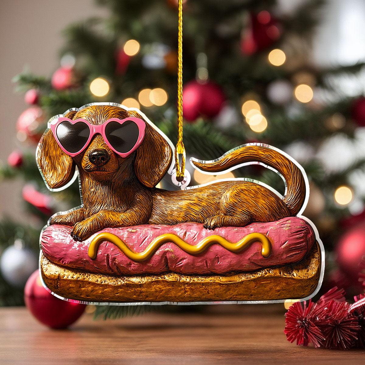 Ornement en acrylique 2D brillant - Hot Dog mignon