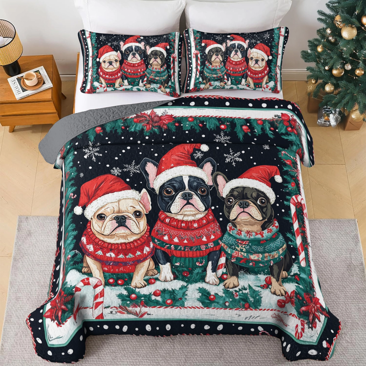 Shineful All Season Quilt 3-teiliges Set Französische Bulldogge Winter Wonderland