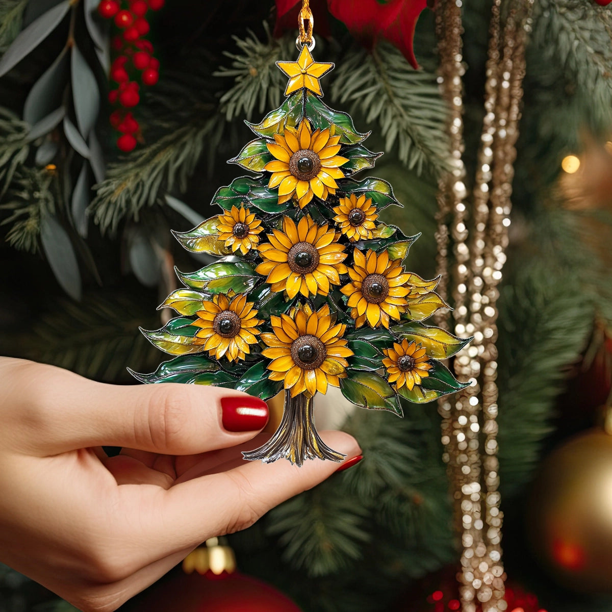 Glänzendes 2D-Acryl-Ornament „Sonnenblumen-Weihnachtsbaum“ 