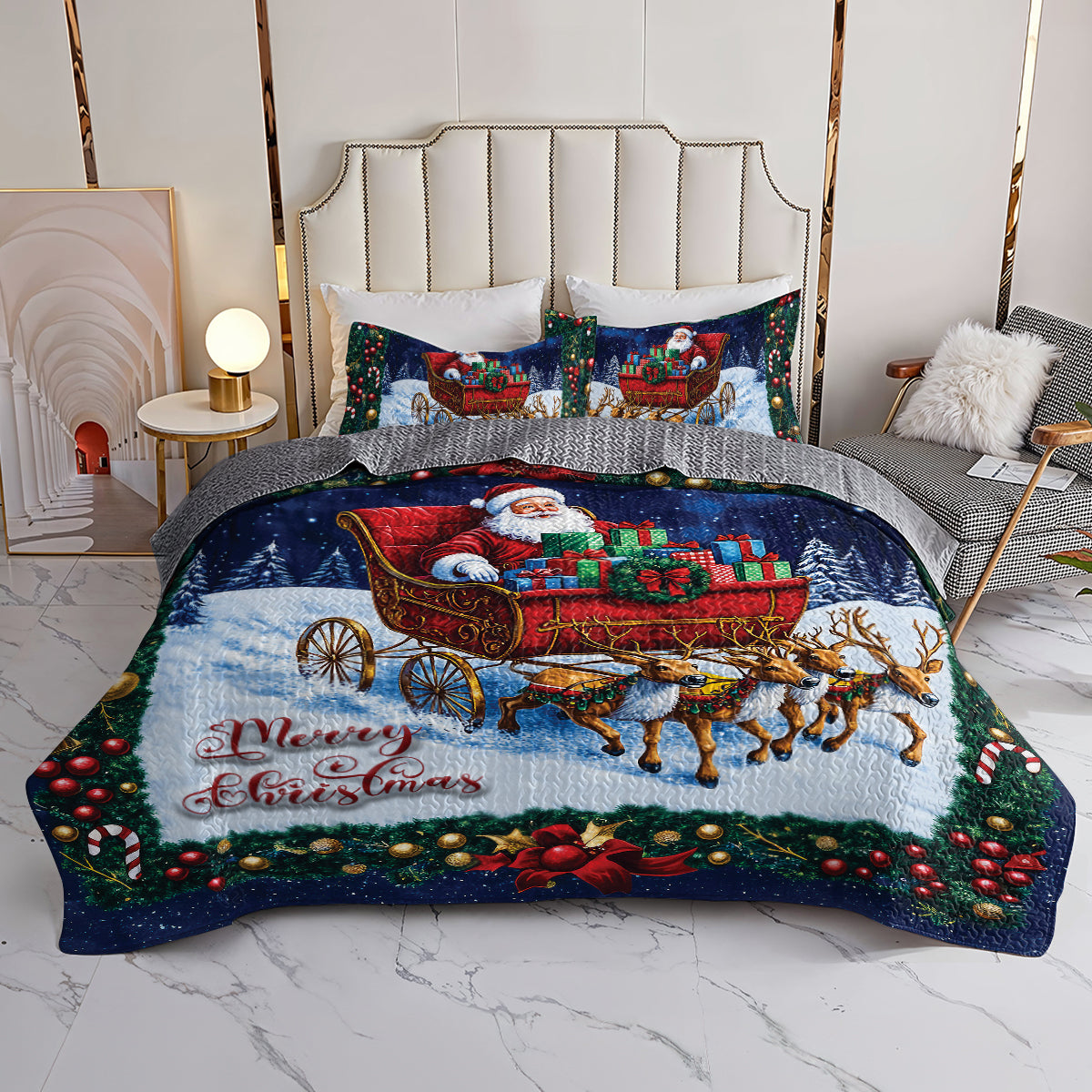 Shineful All Season Quilt 3-Piece Set - Santa's Sleigh Ride Christmas Quilt