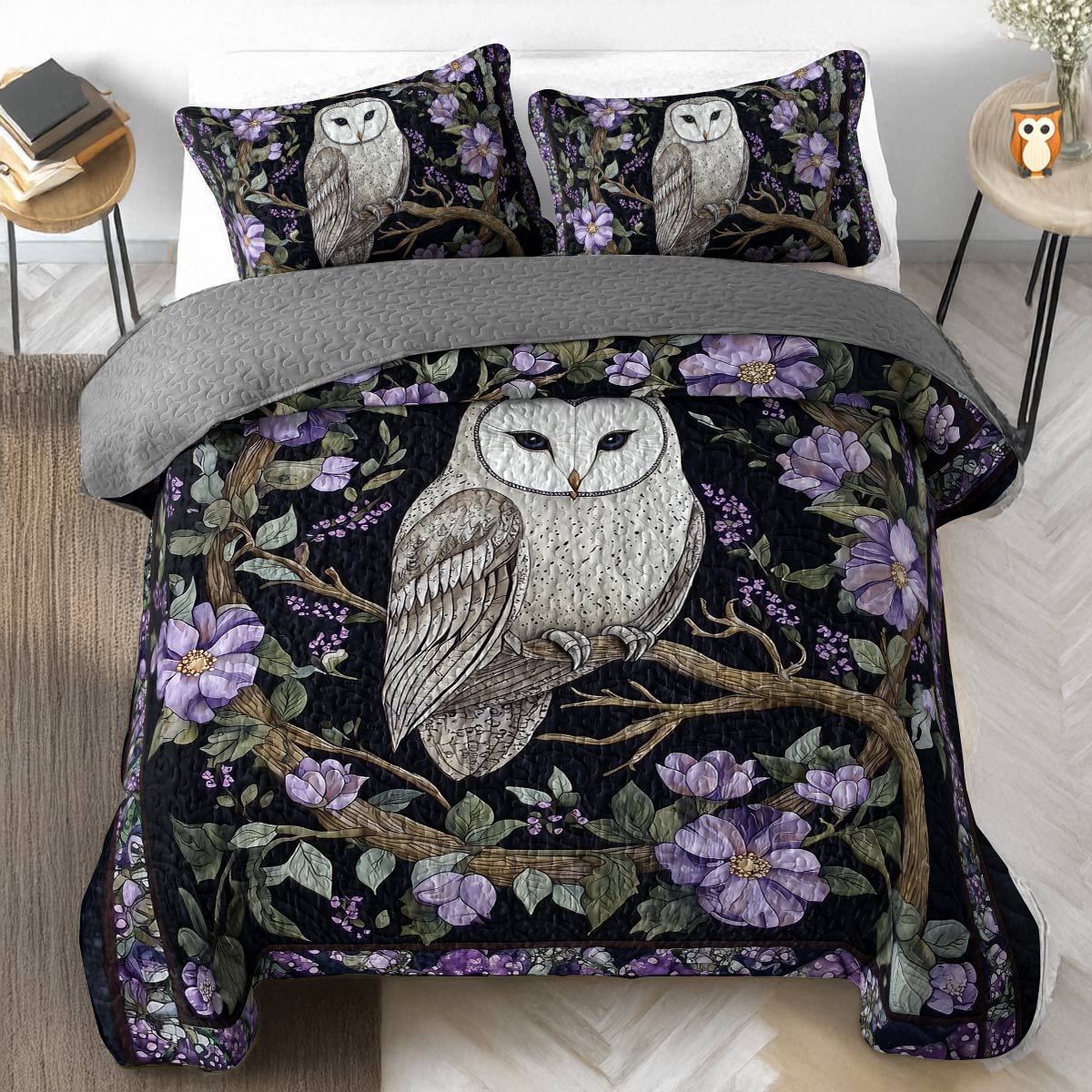 Ensemble de courtepointe toutes saisons Shineful 3 pièces - Twilight Bloom Owl