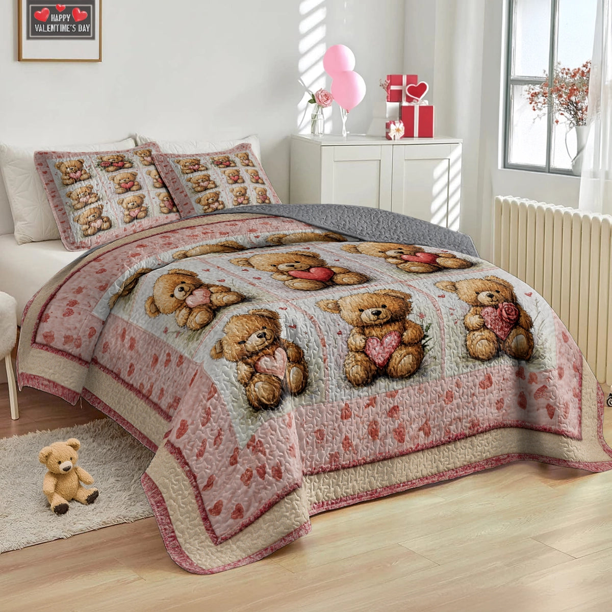 Shineful All Season Quilt 3-Piece Set - Teddy Hearts