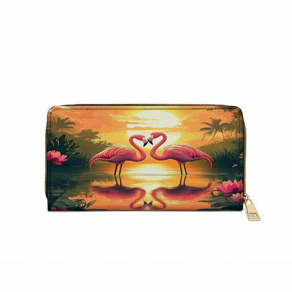 Shineful Leather Clutch Purse With Wristlet Strap Handle Flamingo Sunset Love