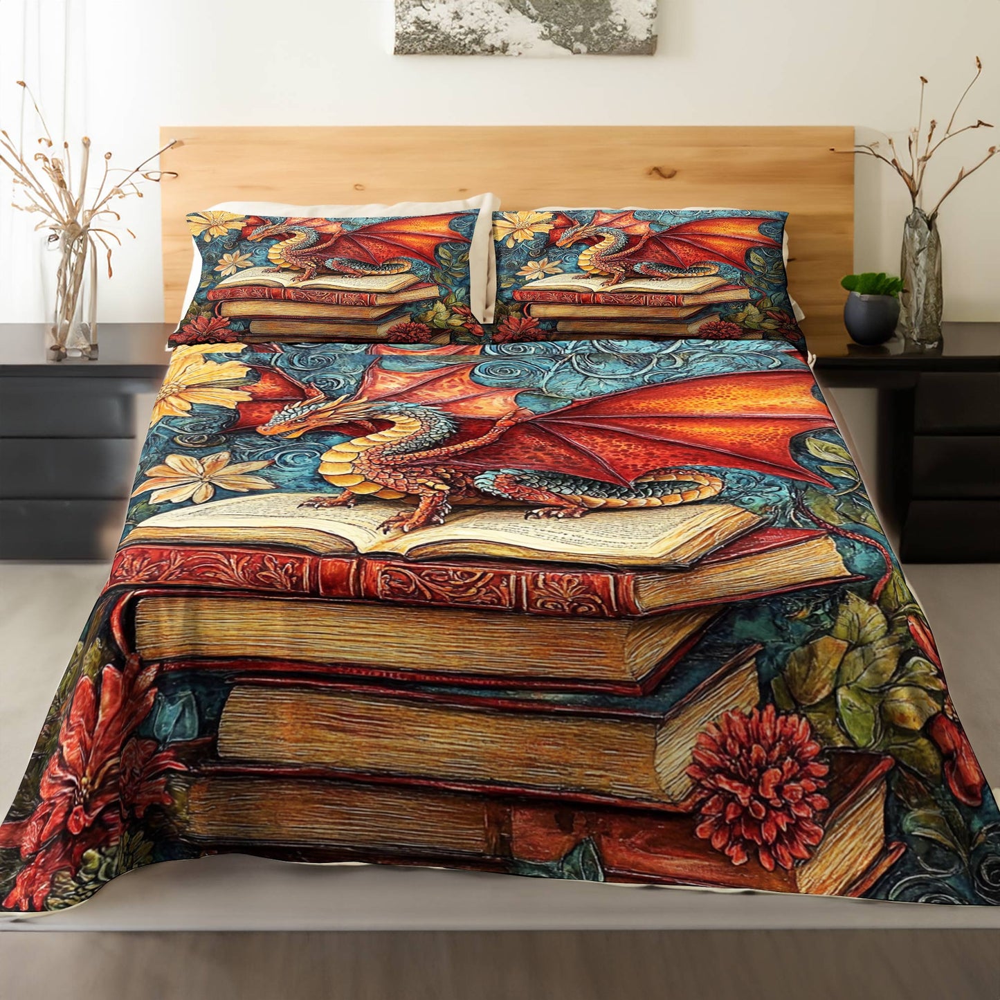 Shineful 4-Piece Bed Sheet Set Stately Dragon Book Stack