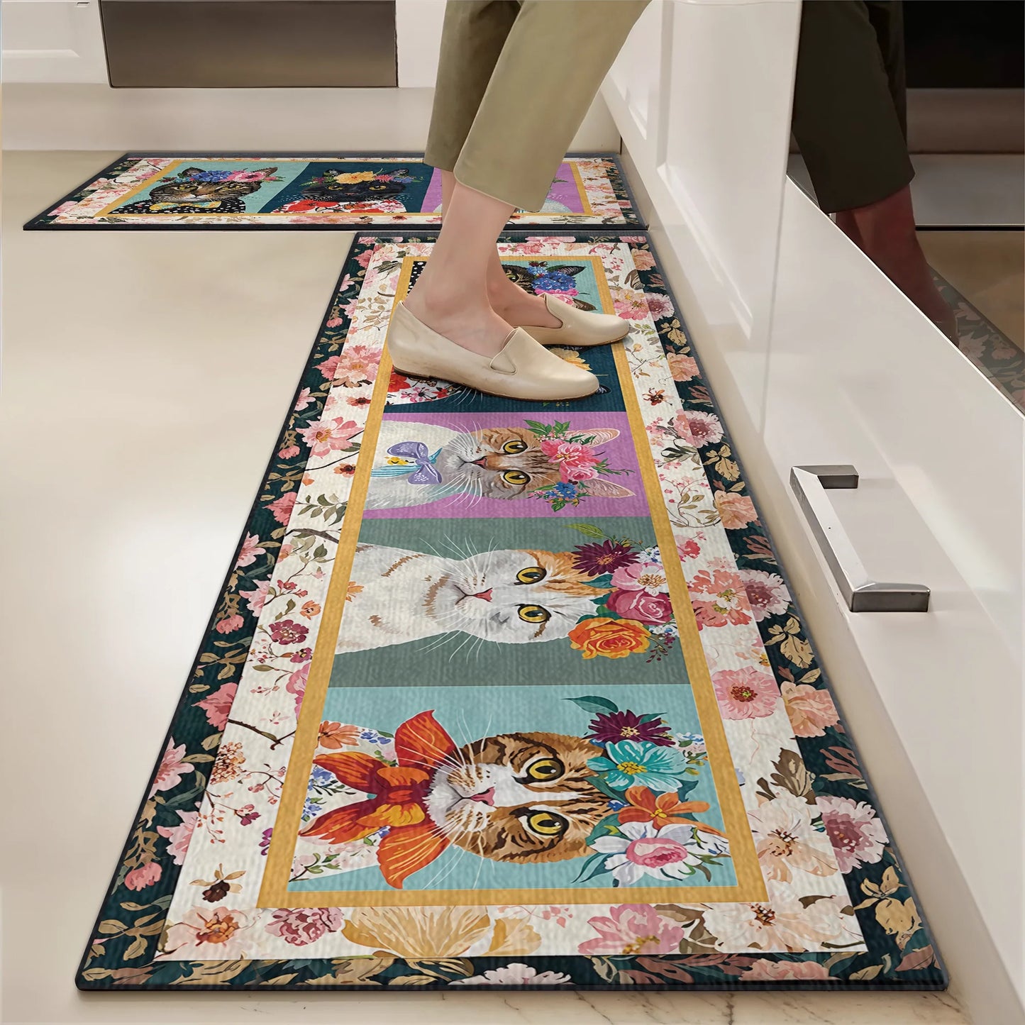 Shineful Ultra-Thin Non Skid Floor Mat, Kitchen Rugs Floral Cat Fantasy