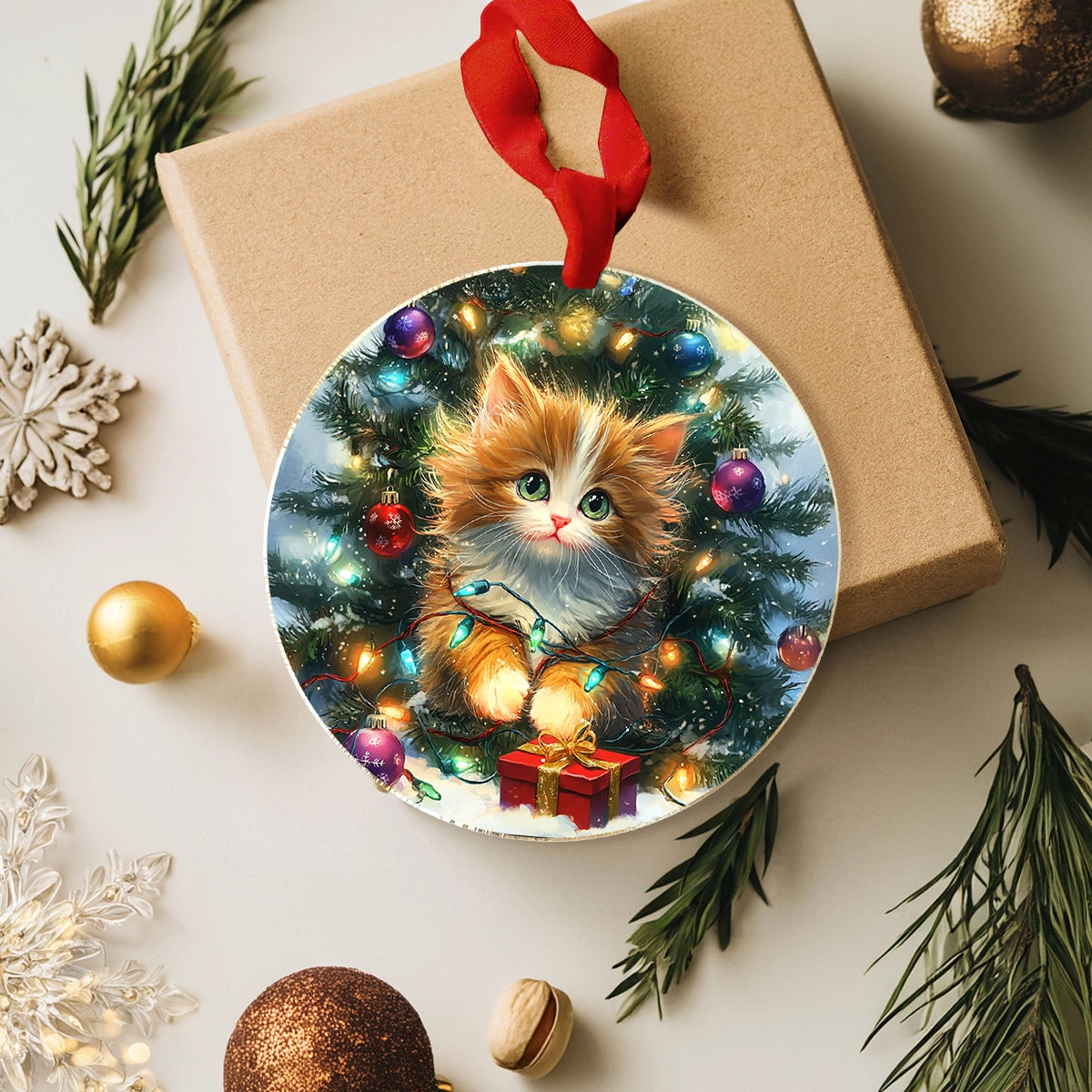 Shineful Acrylic Ornament Under the Tree with Christmas Kitty