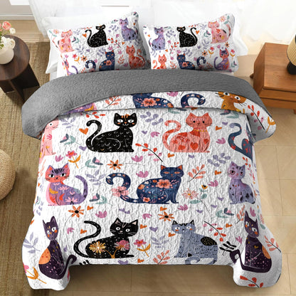 Shineful All Season Quilt 3-Piece Set Whimsical Cat Garden