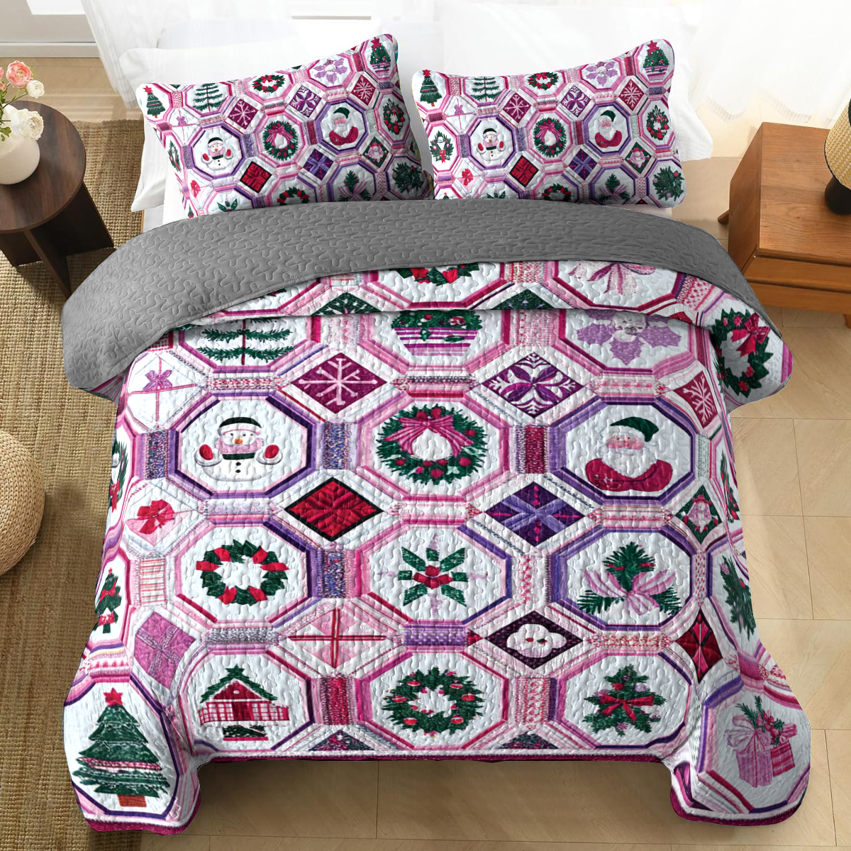 Shineful All Season Quilt 3-Piece Set - Whimsical Christmas in Pink & Purple