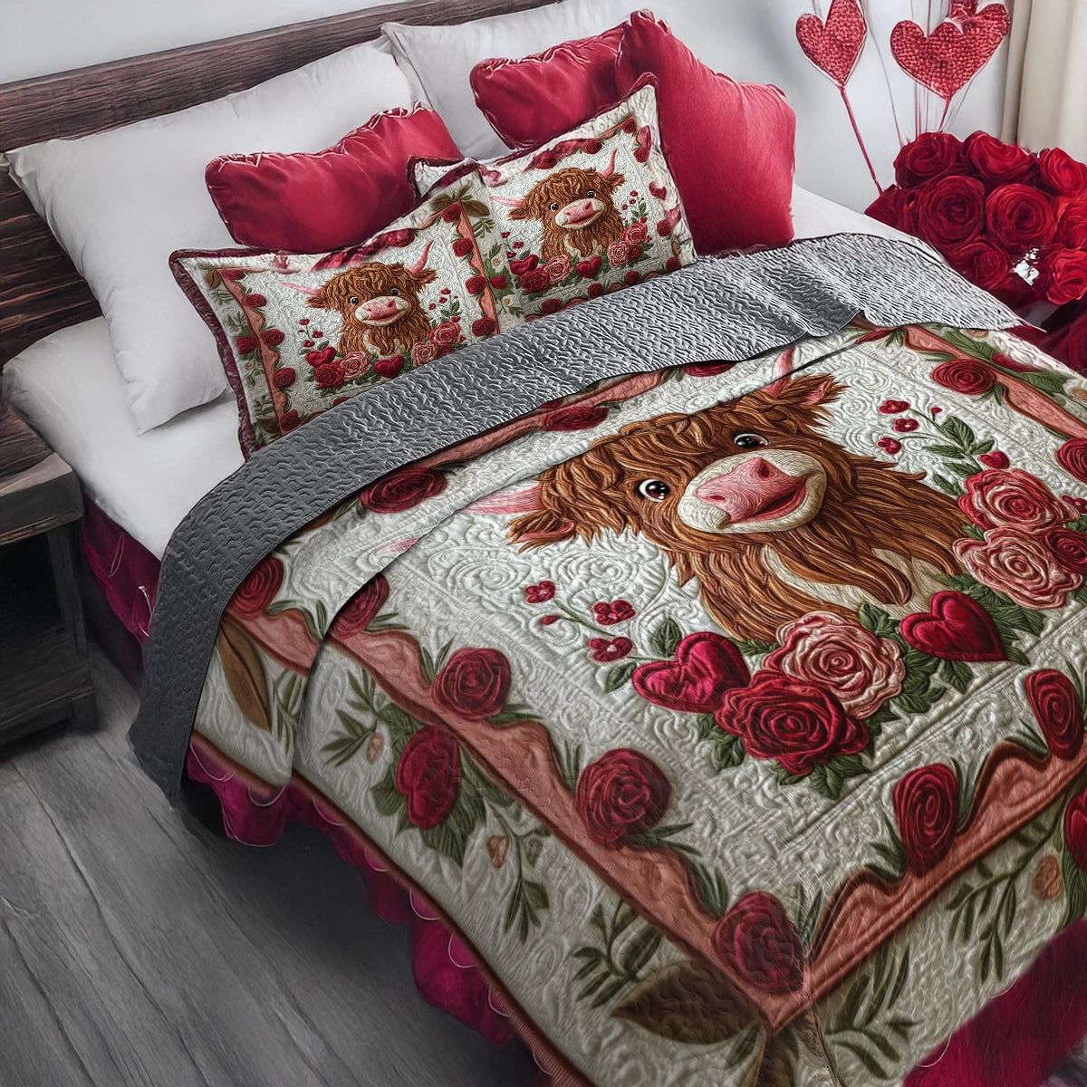 Shineful All Season Quilt 3-Piece Set Rustic Hearts Highland Cow