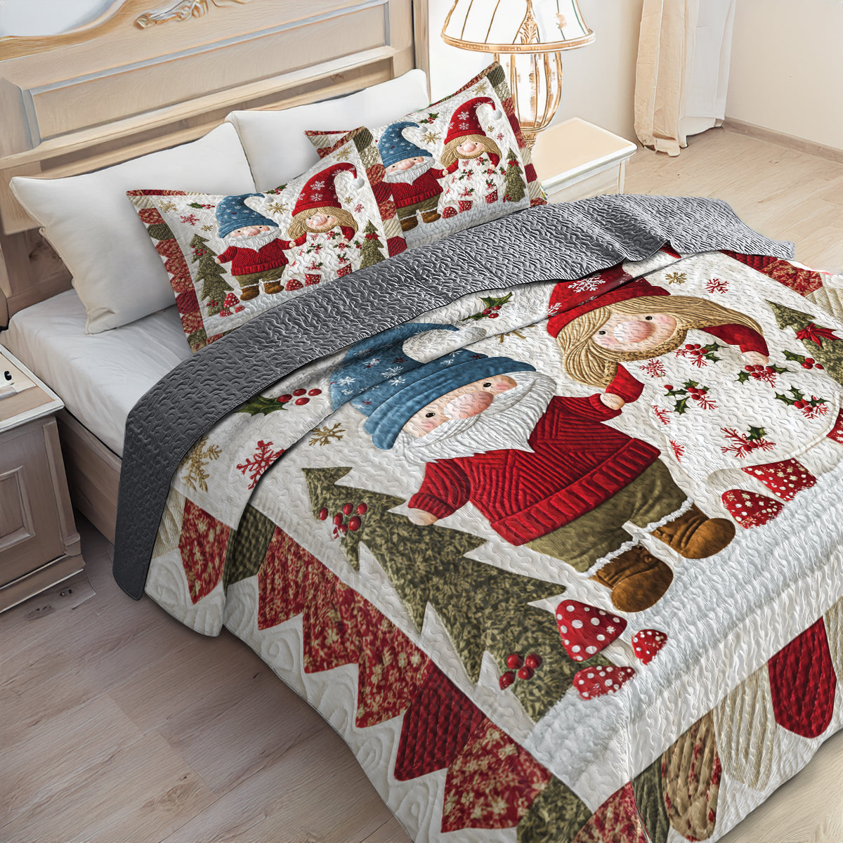 Shineful All Season Quilt 3-Piece Set Personalized Lovely Gnome Couple