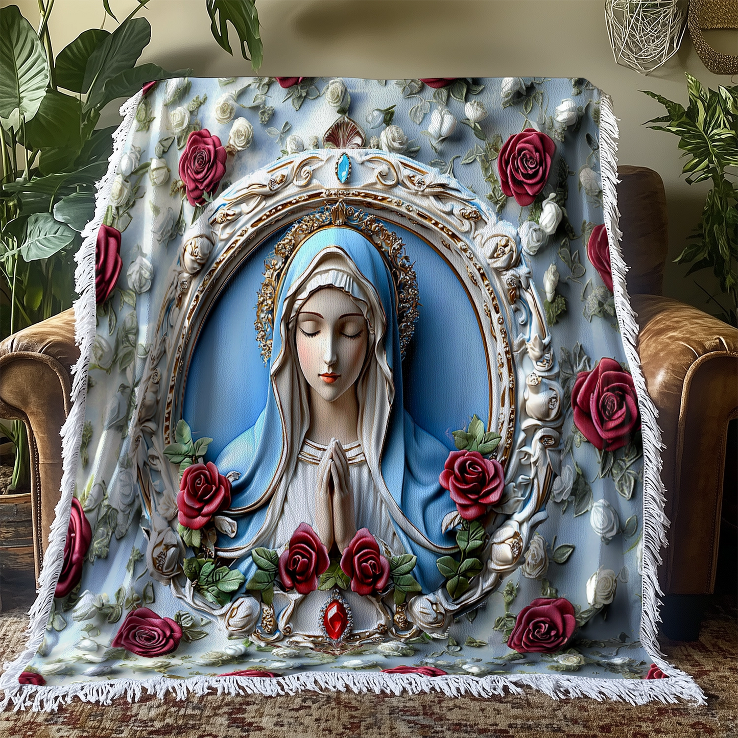 Shineful Woven Tapestry Throw Blanket - Sacred Heart Virgin Mary