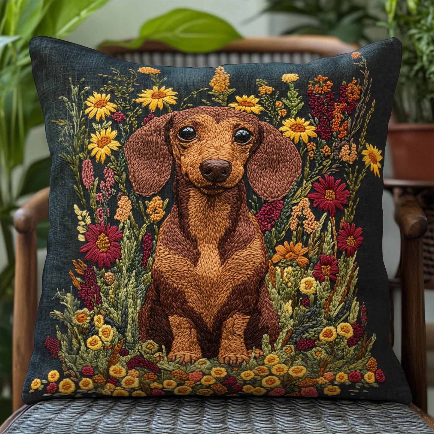 Shineful Pillow 2D Flat Print Funny Dachshund Flower Charm