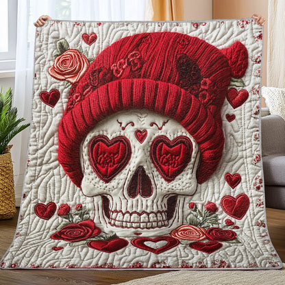 Shineful Flat Print Faux Quilt Blanket - Romantic Skull Art with Roses and Heartful Elegance