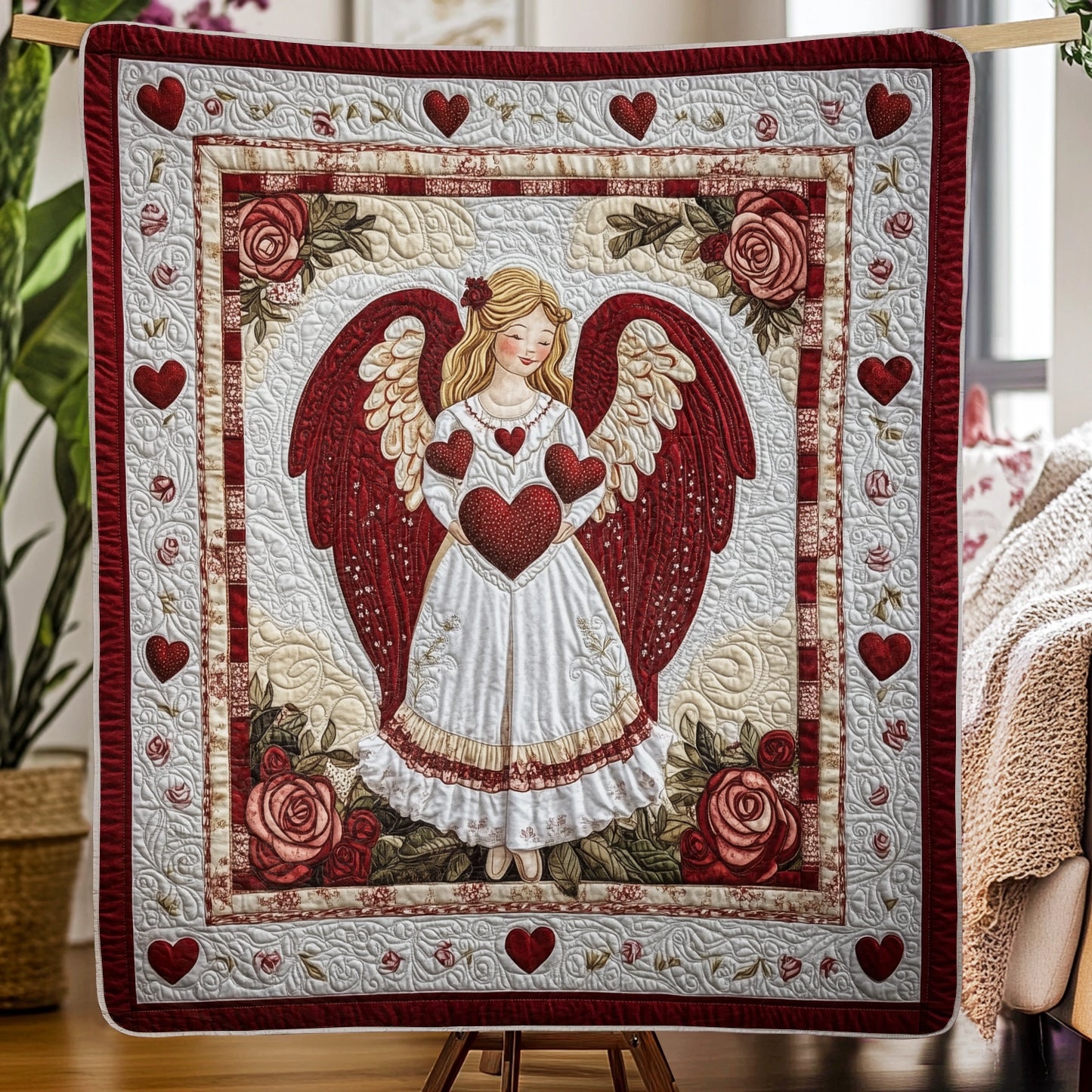 Shineful Flat Print Faux Quilt Blanket - Heavenly Angel of Love and Roses Quilt Design