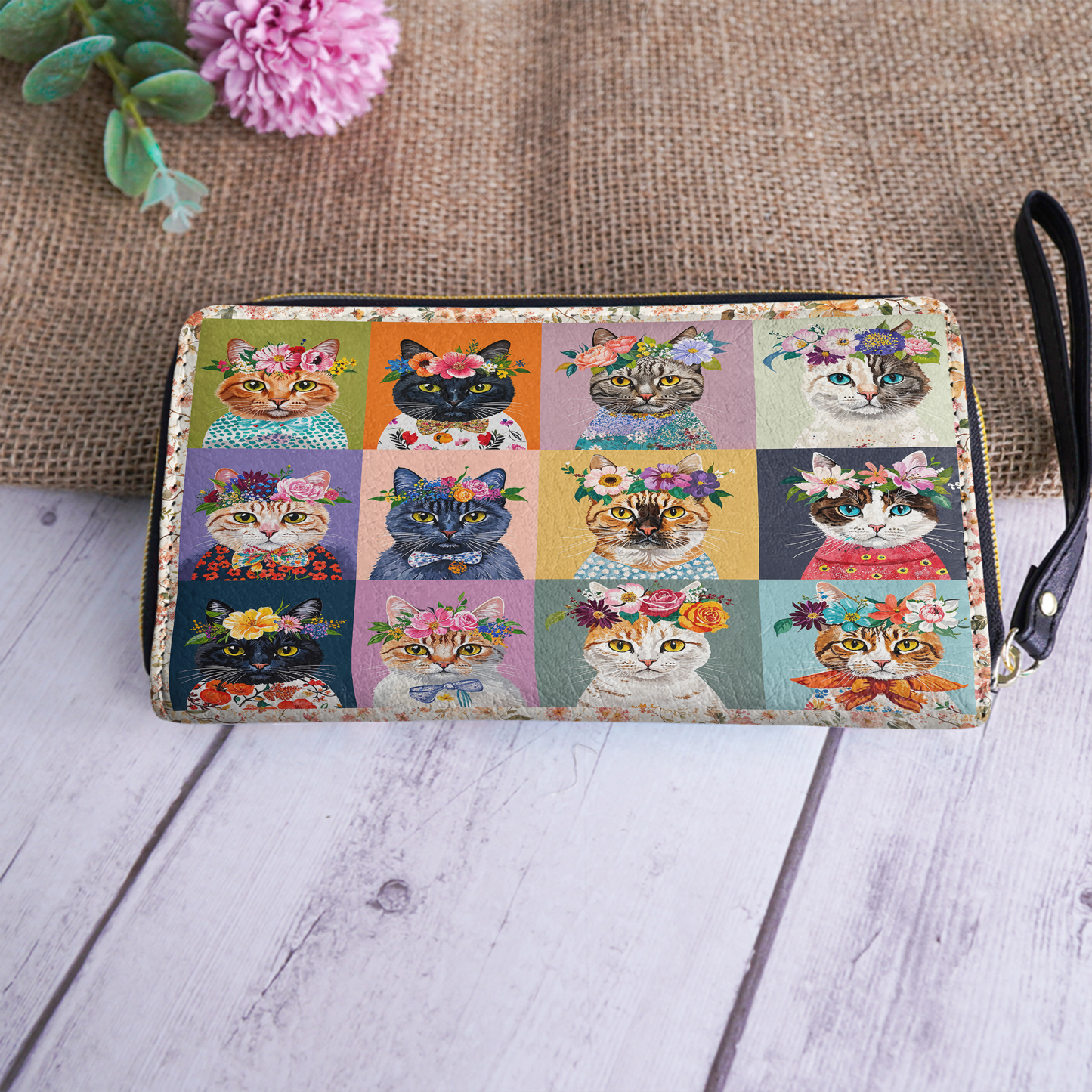 Shineful Leather Clutch Purse With Wristlet Strap Handle Floral Cat Fantasy