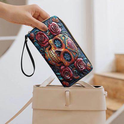 Shineful Leather Clutch Purse With Wristlet Strap Handle Vivid Skull and Roses