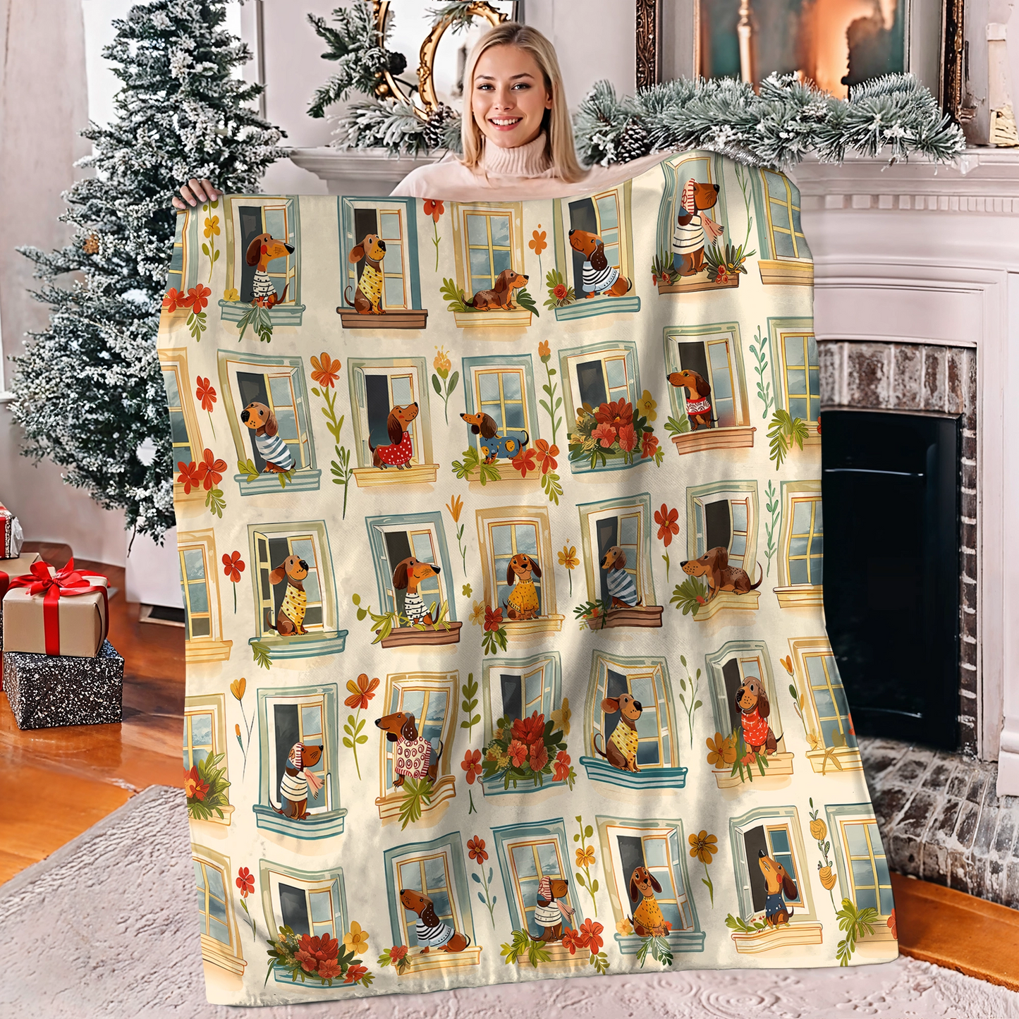 Shineful Fleece Blanket Dachshund windows