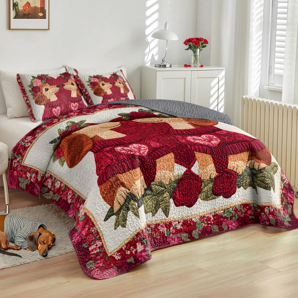 Shineful All Season Quilt 3-Piece Set Lovely Dachshund Couple