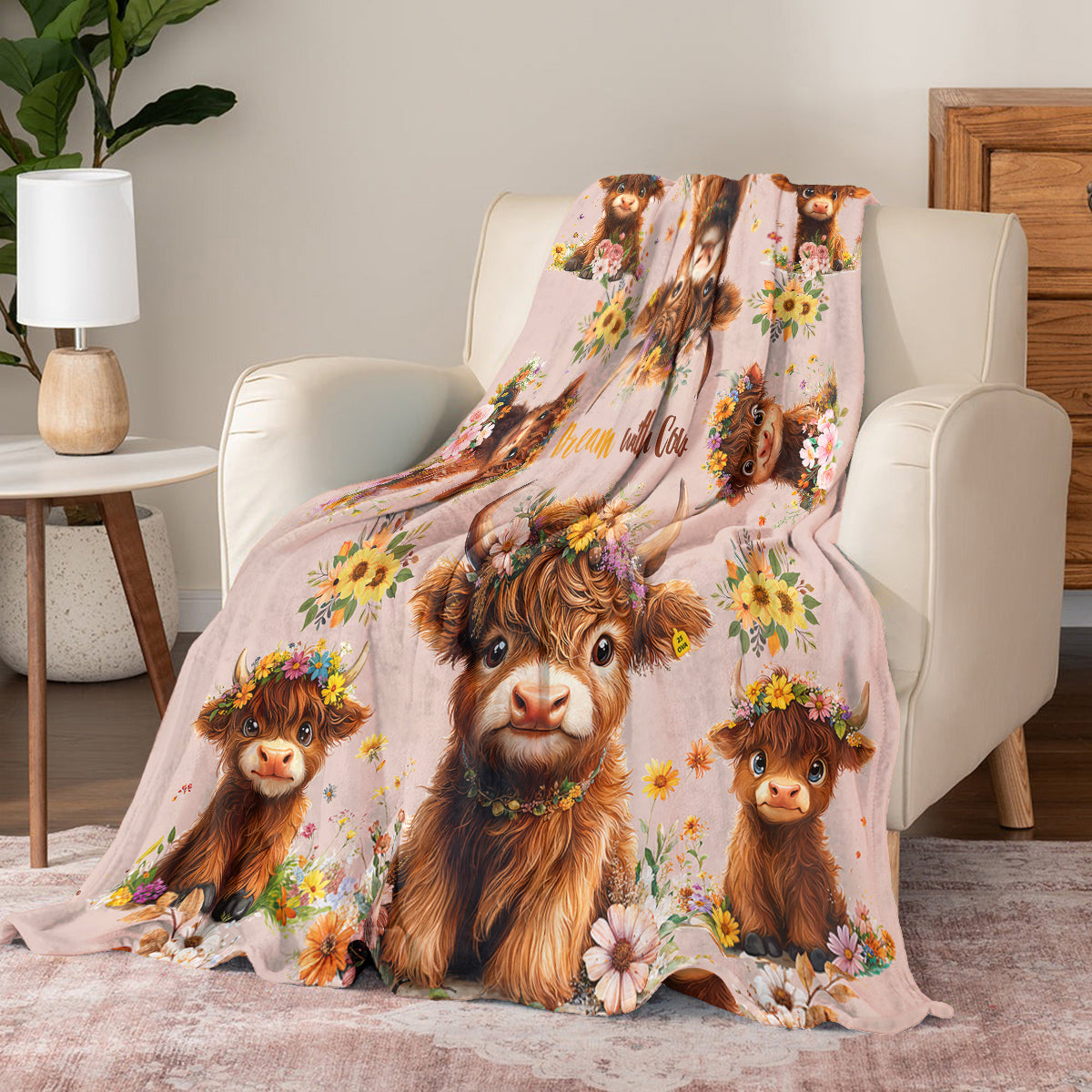 Shineful Fleece Blanket Highland Cow With Flowers