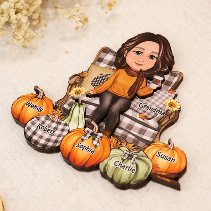 Grand-mère assise sur une chaise, citrouilles, plaque en bois personnalisée à 2 couches, décoration d'automne