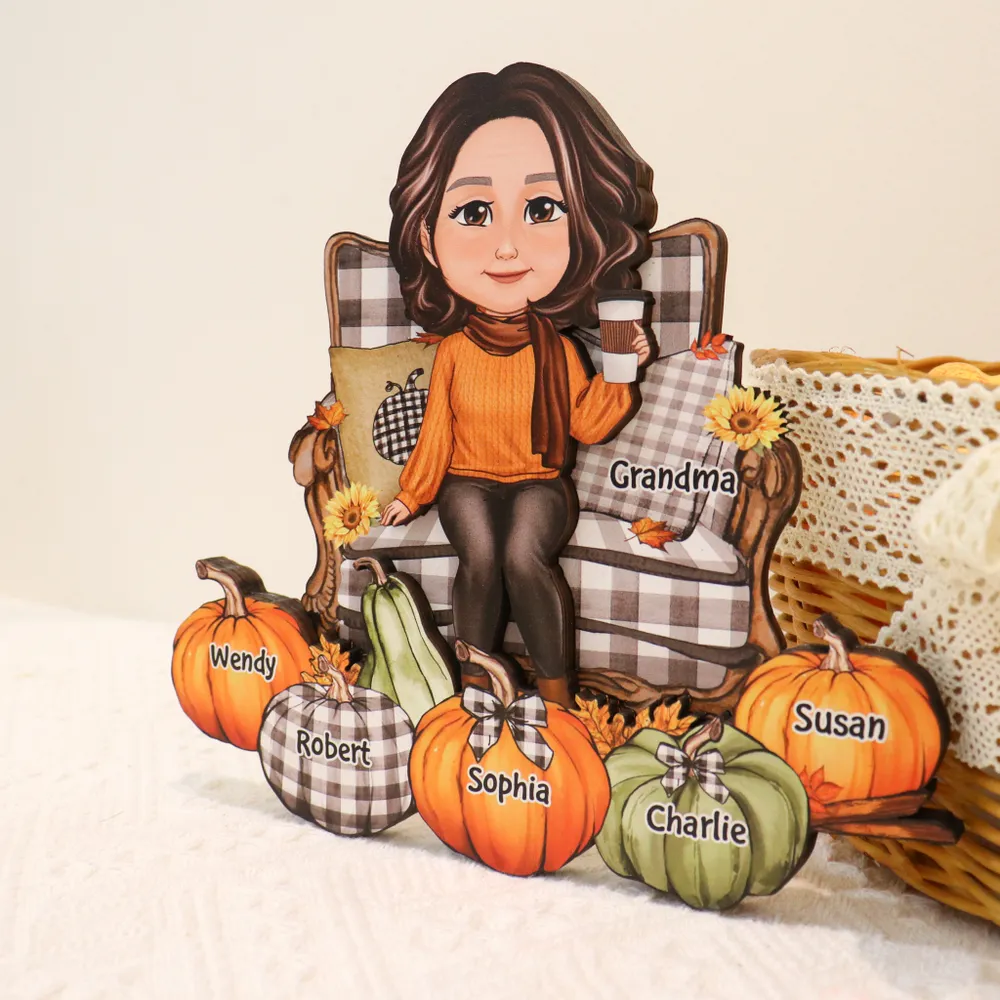 Grand-mère assise sur une chaise, citrouilles, plaque en bois personnalisée à 2 couches, décoration d'automne