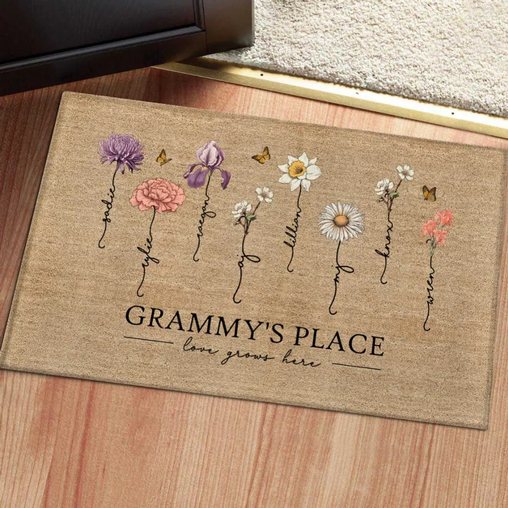 Shineful Doormat Grandma‘s Garden Love Grows Here Vintage Birth Flowers Swirl Name Personalized Door Mat