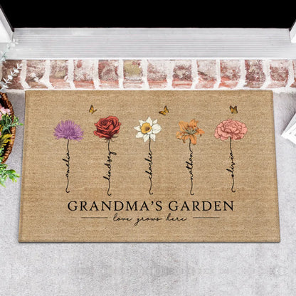 Shineful Doormat Grandma‘s Garden Love Grows Here Vintage Birth Flowers Swirl Name Personalized Door Mat