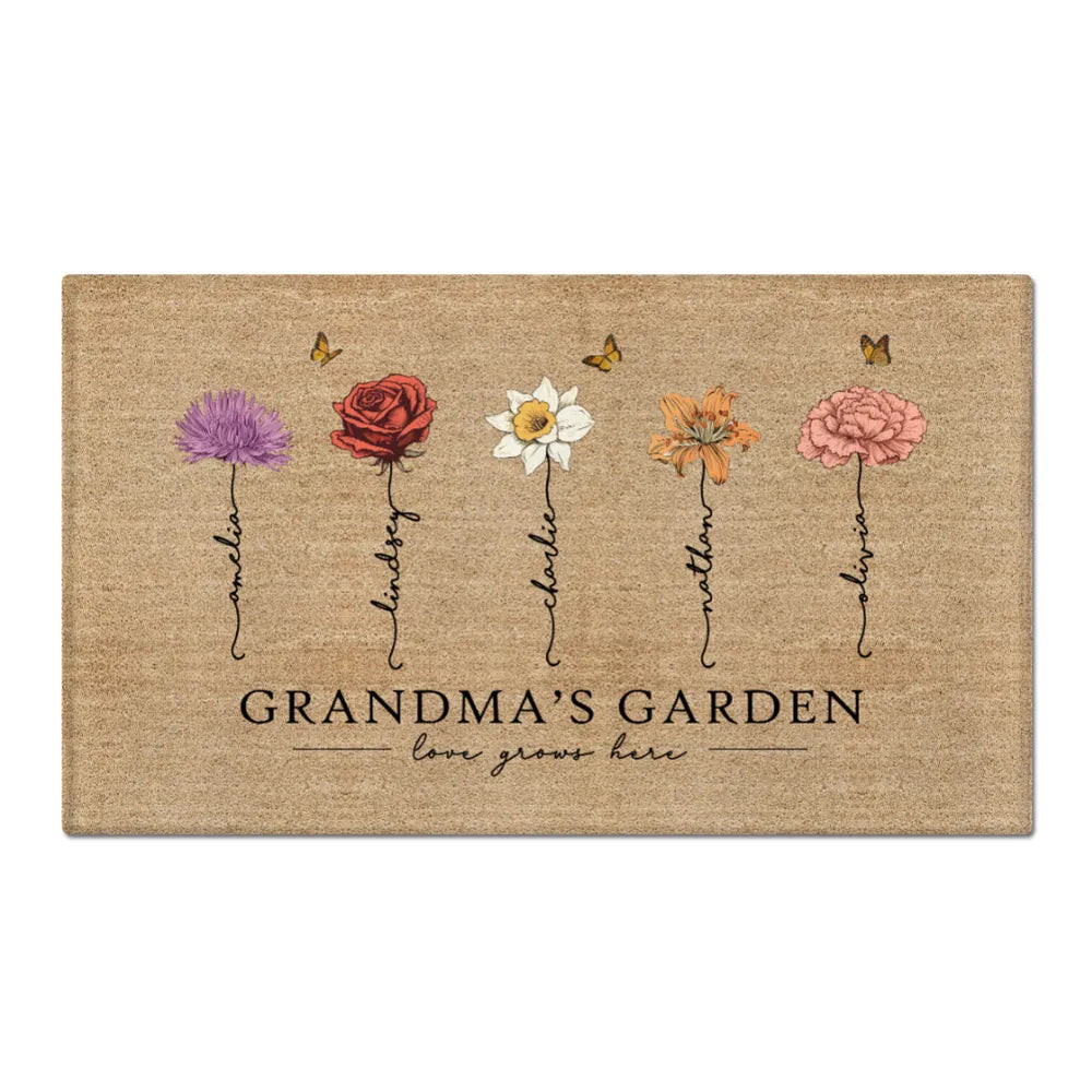 Shineful Doormat Grandma‘s Garden Love Grows Here Vintage Birth Flowers Swirl Name Personalized Door Mat