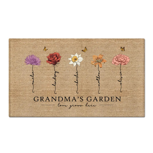 Shineful Doormat Grandma‘s Garden Love Grows Here Vintage Birth Flowers Swirl Name Personalized Door Mat