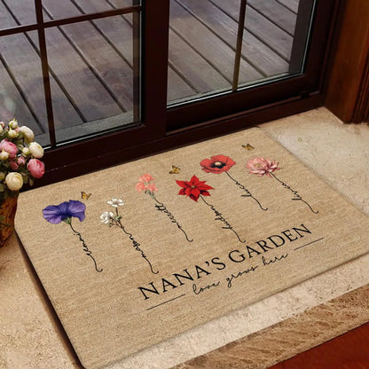 Shineful Doormat Grandma‘s Garden Love Grows Here Vintage Birth Flowers Swirl Name Personalized Door Mat